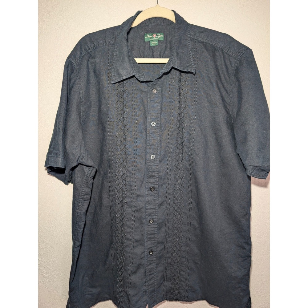 David Taylor Button Down Shirt Mens XLT Black Excellent Embroidered Ramie Cotton